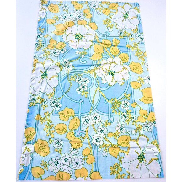 Vintage 1970s pillowcase, geometric floral, blue and yellow, groovy, single - Picture 2 of 8